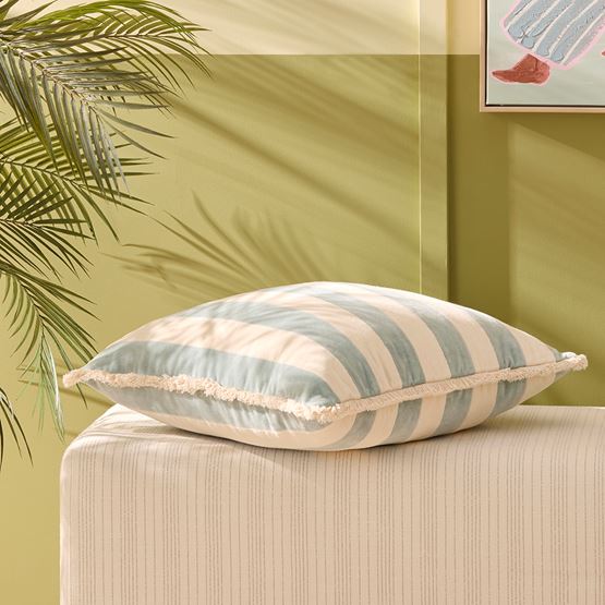 Bernie Blue Surf & Natural Stripe Velvet Cushion