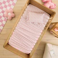 Heirloom Meadow Bloom Soft Blue Ruffle Cot Sheet Set