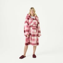 Printed Pink Multi Check Sherpa Hooded Robe