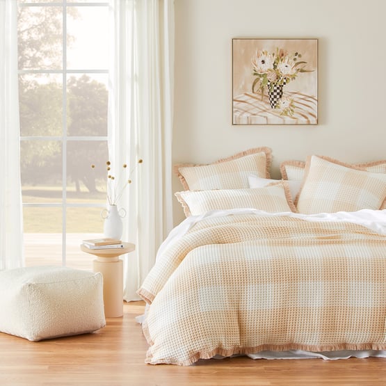 Harlem Waffle Check Pink Sand Quilt Cover + Pillowcases