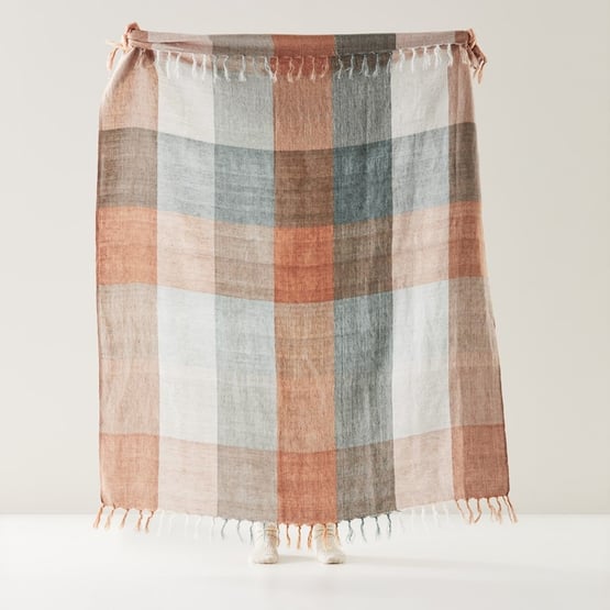 Rae Malmo Spice & Green Check Linen Throw S22