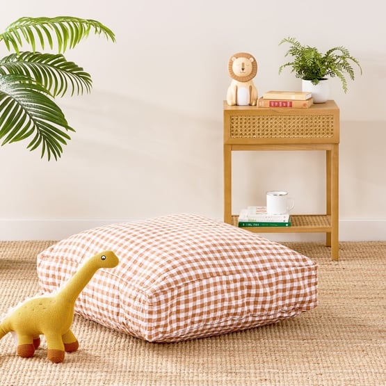 Vintage Washed Linen Caramel Check Floor Cushion