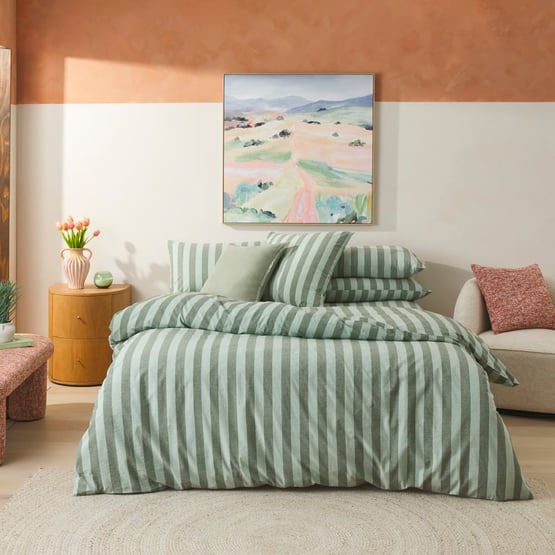 Stonewashed Cotton Green Block Stripe Quilt Cover Separates