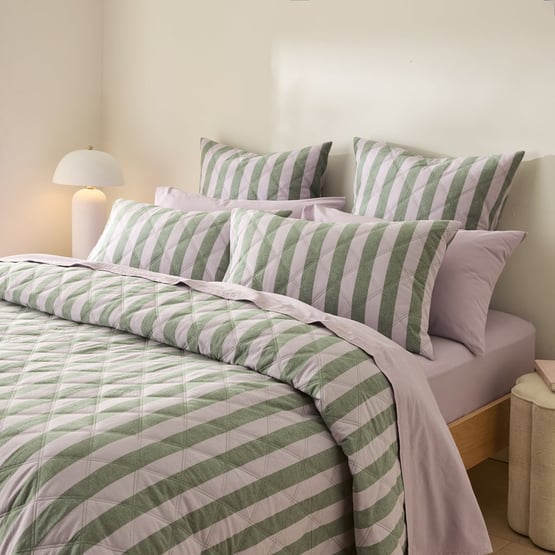 Stonewashed Cotton Emerald & Lilac Block Stripe Quilted Coverlet Separates