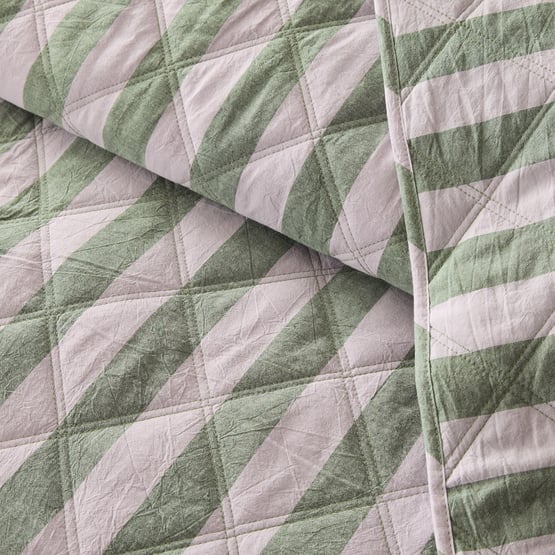 Stonewashed Cotton Emerald & Lilac Block Stripe Quilted Pillowcases