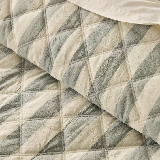Stonewashed Cotton Basil & Pistachio Block Stripe Quilted Pillowcases