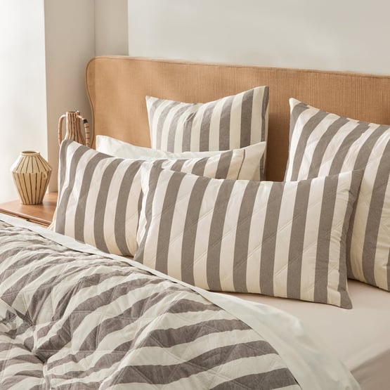 Stonewashed Cotton Natural & Chocolate Stripe Quilted Pillowcases