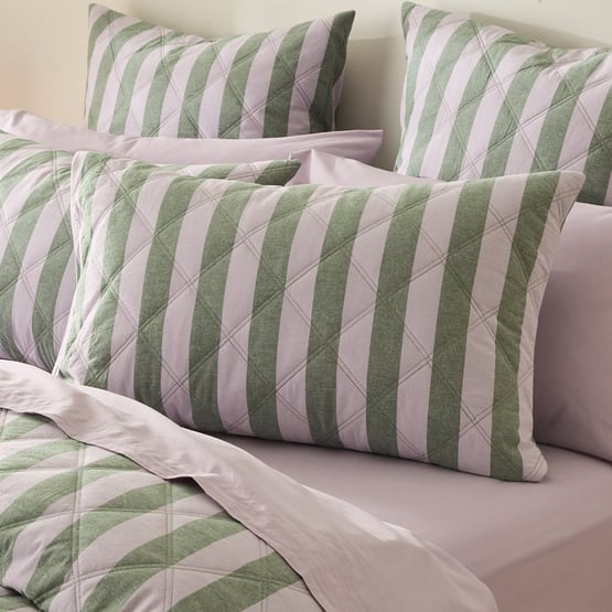 Stonewashed Cotton Emerald & Lilac Block Stripe Quilted Pillowcases