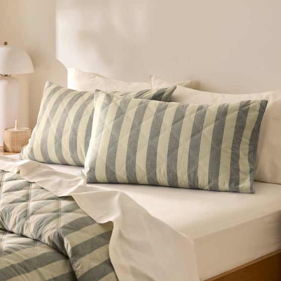Stonewashed Cotton Basil & Pistachio Block Stripe Quilted Pillowcases