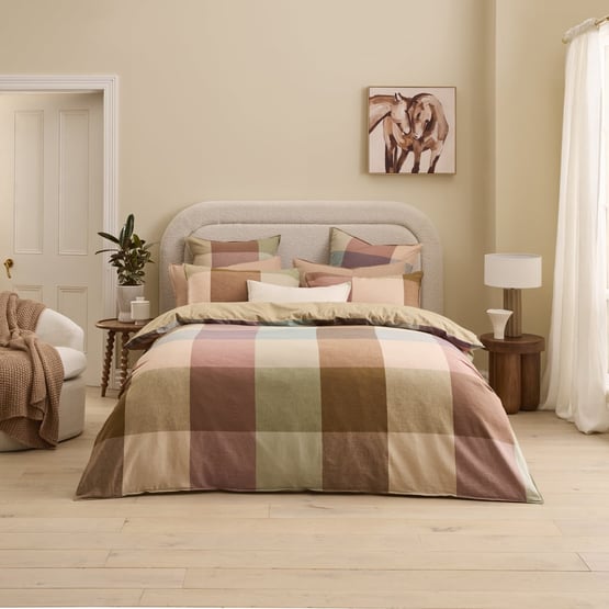 Vintage Washed Linen Cotton Newland Check Camel Quilt Cover Set + Separates