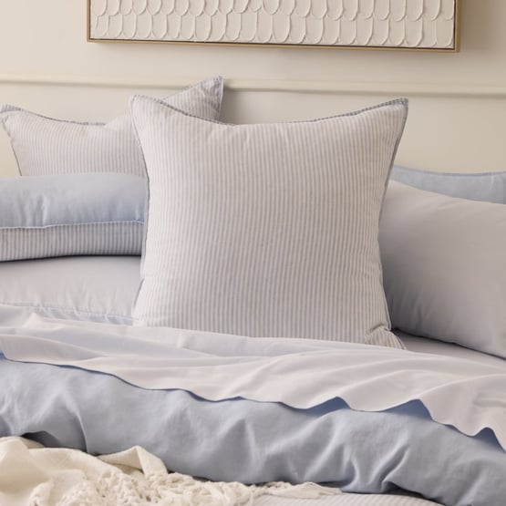 Vintage Washed Linen Dusty Blue & White Stripe Pillowcases