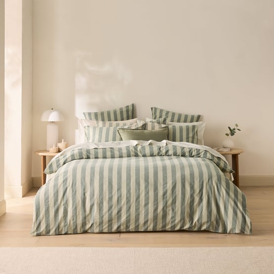 Stonewashed Cotton Basil & Pistachio Block Stripe Quilt Cover Separates