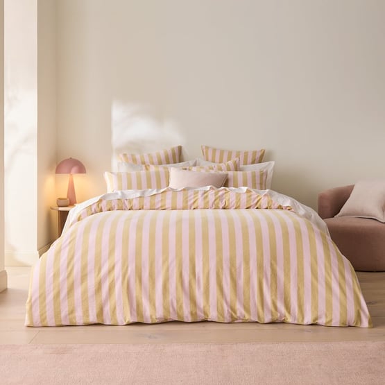 Stonewashed Cotton Pink & Olive Oil Block Stripe Quilt Cover Separates