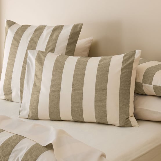 	Stonewashed Cotton Olive & Coconut Wide Stripe Pillowcases