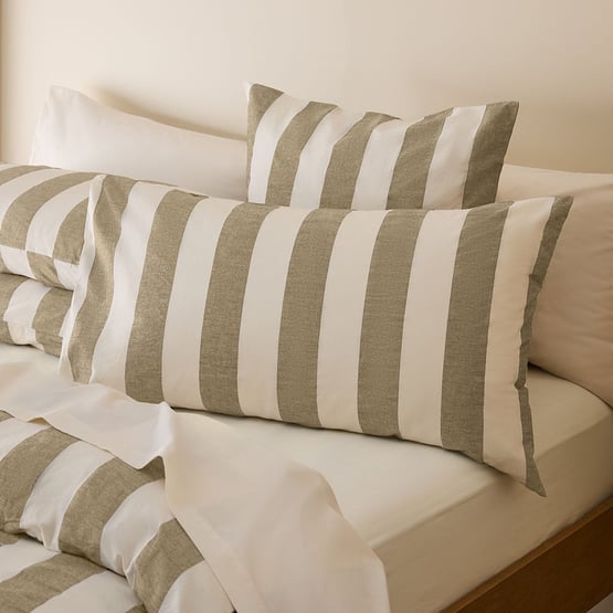 	Stonewashed Cotton Olive & Coconut Wide Stripe Pillowcases