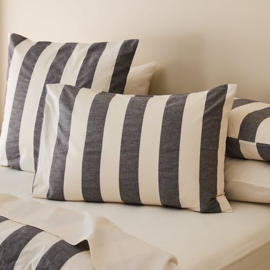 Stonewashed Cotton Black & Coconut Wide Stripe Pillowcases