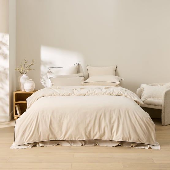 Stonewashed Cotton Coconut & Black Piped Quilt Cover Separates