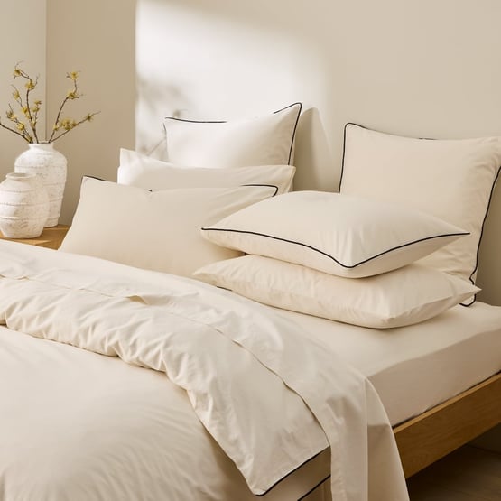 Stonewashed Cotton Coconut & Black Piped Quilt Cover Separates