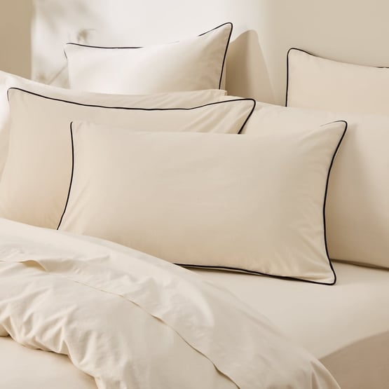 Stonewashed Cotton Coconut & Black Piped Pillowcases