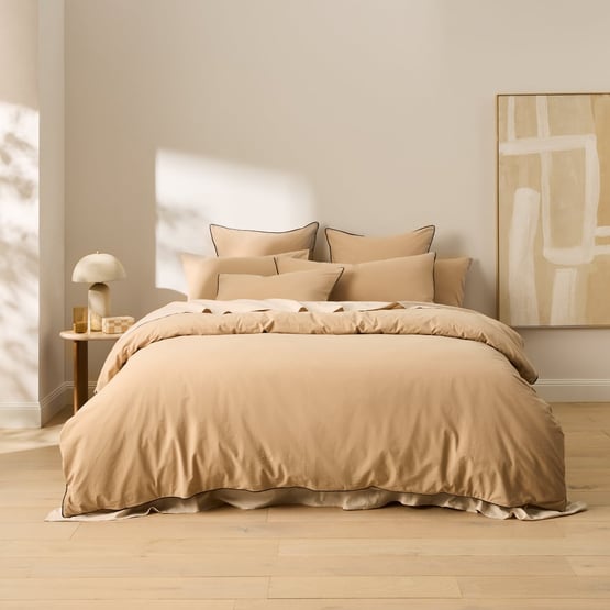 Stonewashed Cotton Sesame & Black Piped Quilt Cover Separates