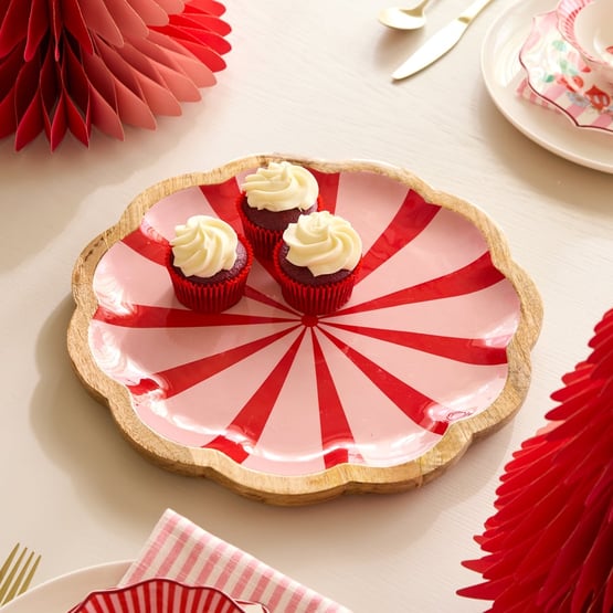 Christmas Red & Pink Mango Wood Scalloped Platter