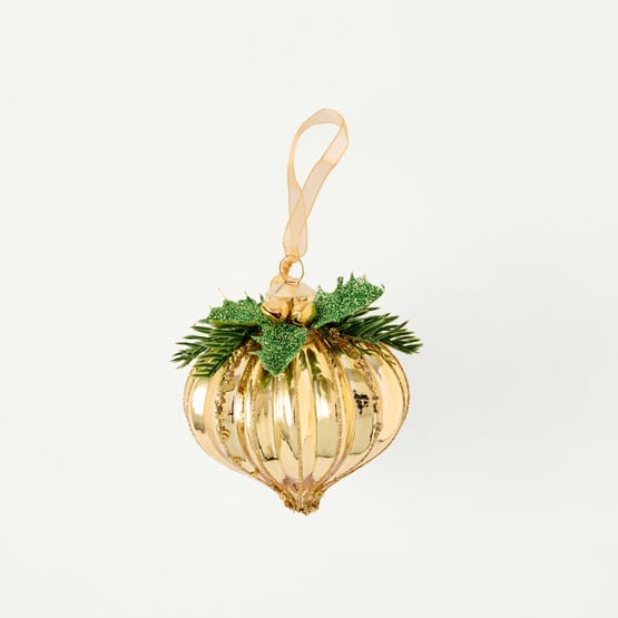 Vintage Glass Gold Holly Drop Bauble Ornament