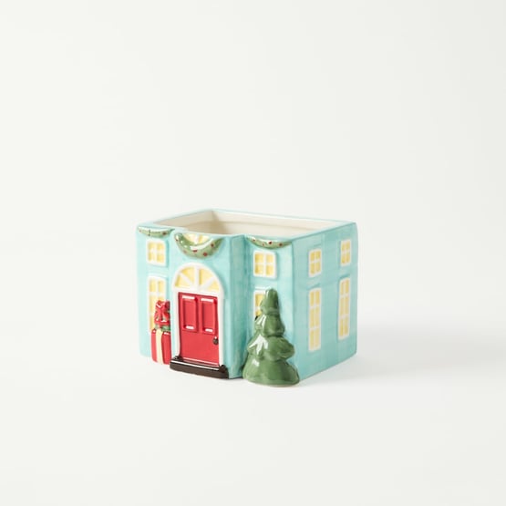 Christmas Village House Red & Blue Cookie Jar