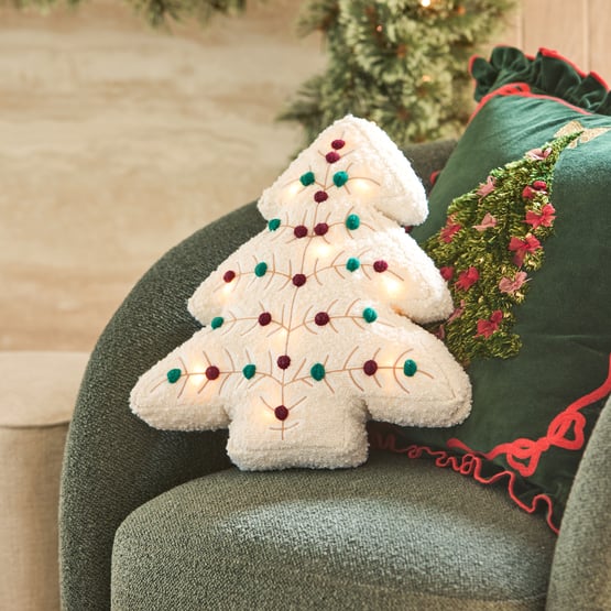 Festive White Light-Up Tree Cushion