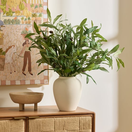 Green Flower Olive Stems In Ceramic Vase