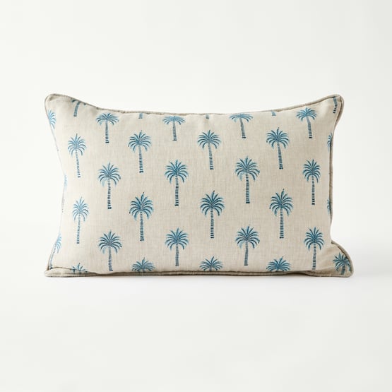 Delhi Woodblock Spring Palm Blue Linen Cushion