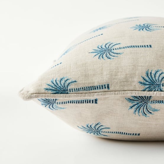 Delhi Woodblock Spring Palm Blue Linen Cushion