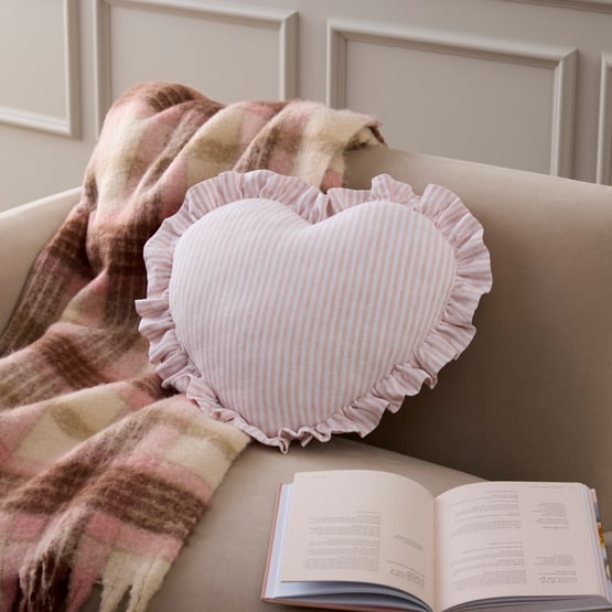 Heart Ruffle Nude Pink & White Stripe Vintage Washed Linen Cushion