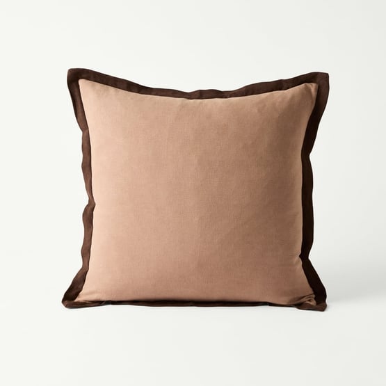 Belgian Vintage Washed Linen Mocha & Chocolate Border Cushion