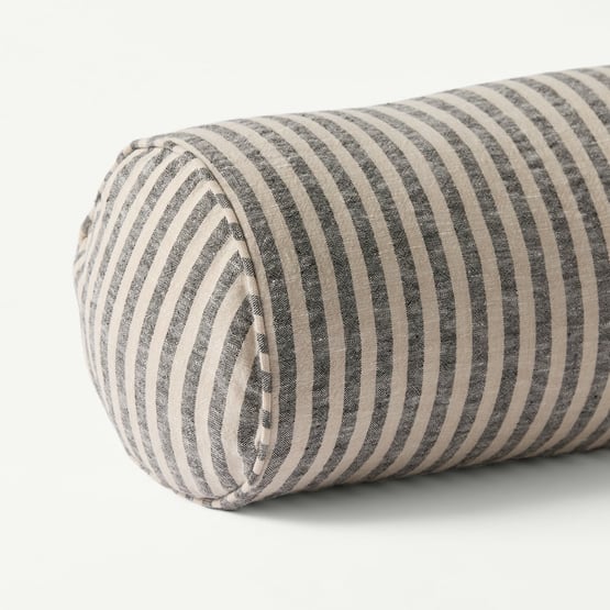 Belgian Vintage Washed Linen Linen & Black Bengal Stripe Bolster Cushion