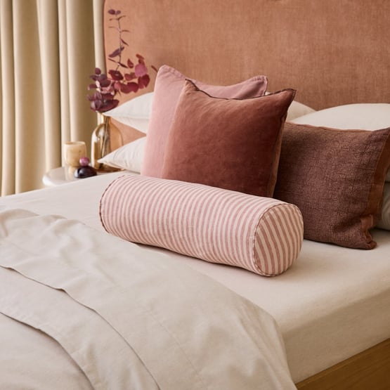 Belgian Vintage Washed Linen Nude Pink & Rosewood Bengal Stripe Bolster Cushion