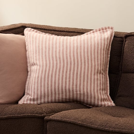Belgian Vintage Washed Linen Nude Pink & Rosewood Bengal Stripe Cushion