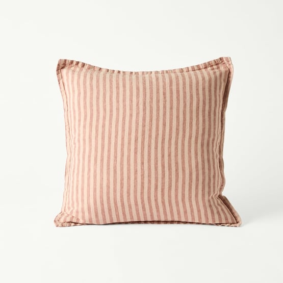Belgian Vintage Washed Linen Nude Pink & Rosewood Bengal Stripe Cushion