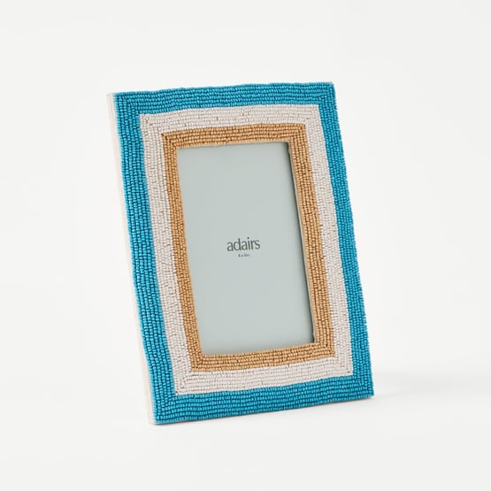 Amalfi Blue, Natural & White Beaded Portrait Frame