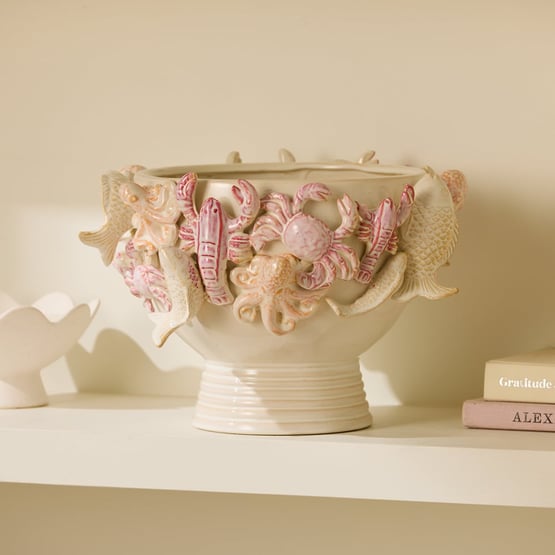 Sea Creatures White & Pink Footed Bowl