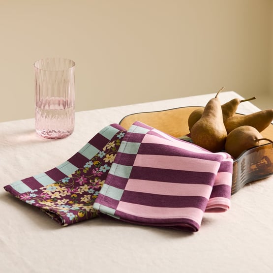 Camille Rose & Burgundy Stripe Tea Towel Pack of 2