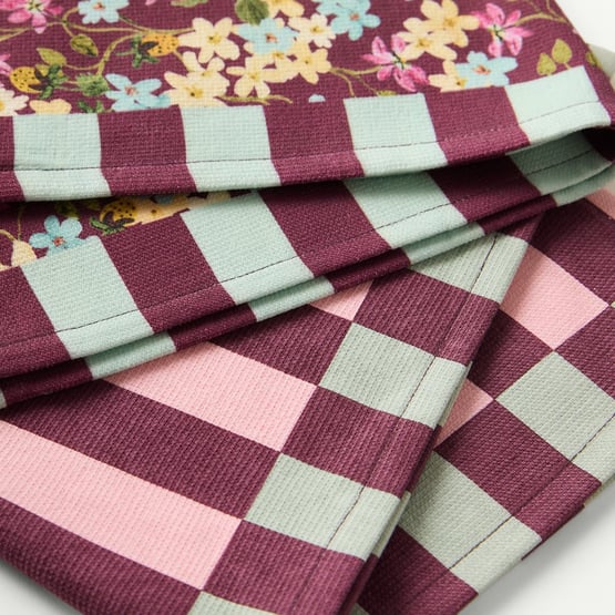 Camille Rose & Burgundy Stripe Tea Towel Pack of 2