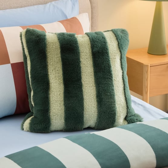 Recycled Faux Fur Green Stripe Cushion