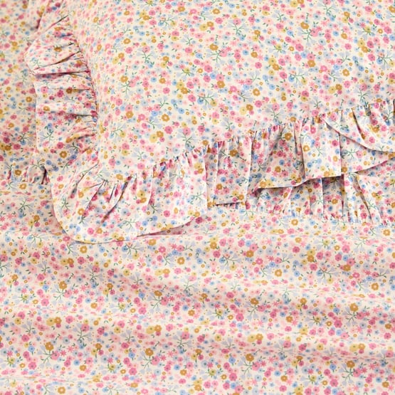 Heirloom Meadow Bloom Soft Blue Ruffle Cot Sheet Set