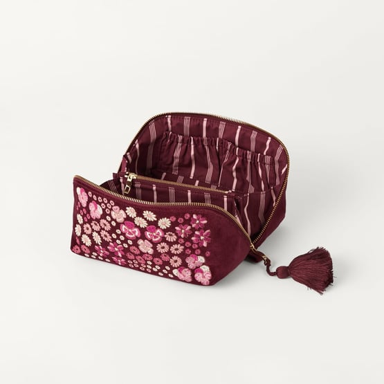 Embroidered Burgundy Floral Cosmetic Bag