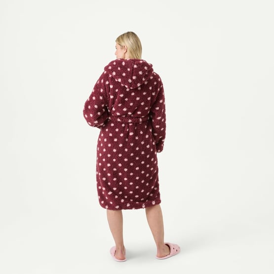 Printed Polka Dot Burgundy Sherpa Hooded Robe