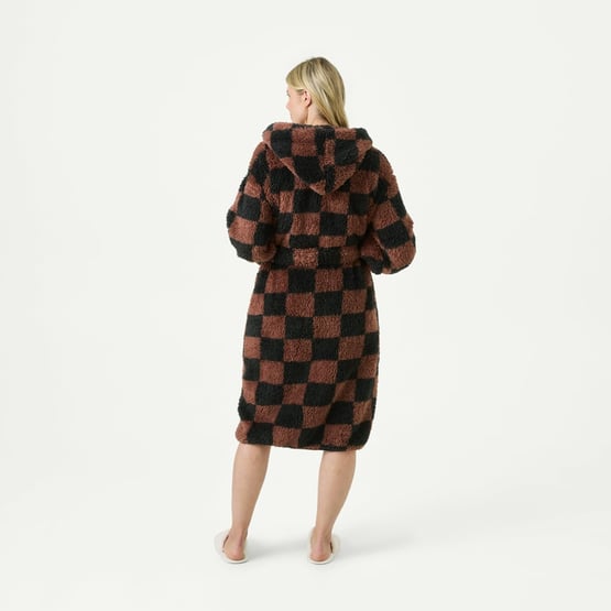 Sherpa Nutmeg & Black Print Check Hooded Robe