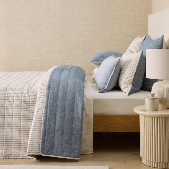 Linen Cotton Bluestone Stripe Quilted Coverlet Separates
