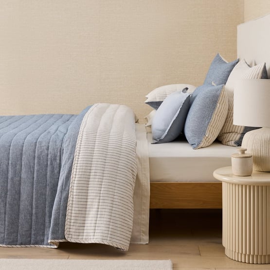 Linen Cotton Bluestone Stripe Quilted Coverlet Separates
