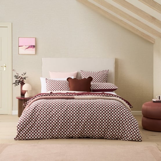 Stonewashed Cotton Burgundy & Peony Check Quilt Cover Separates