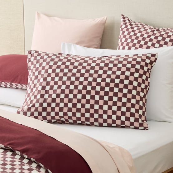 Stonewashed Cotton Burgundy & Peony Check Pillowcase